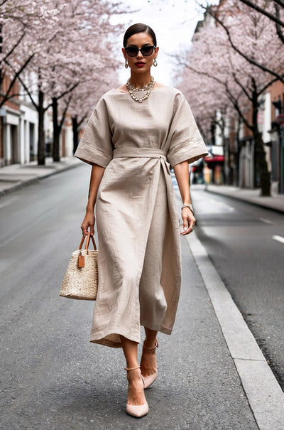 Damen Midi-Kleid mit weit geschnittenen Ärmeln und taillierter Silhouette Fudus