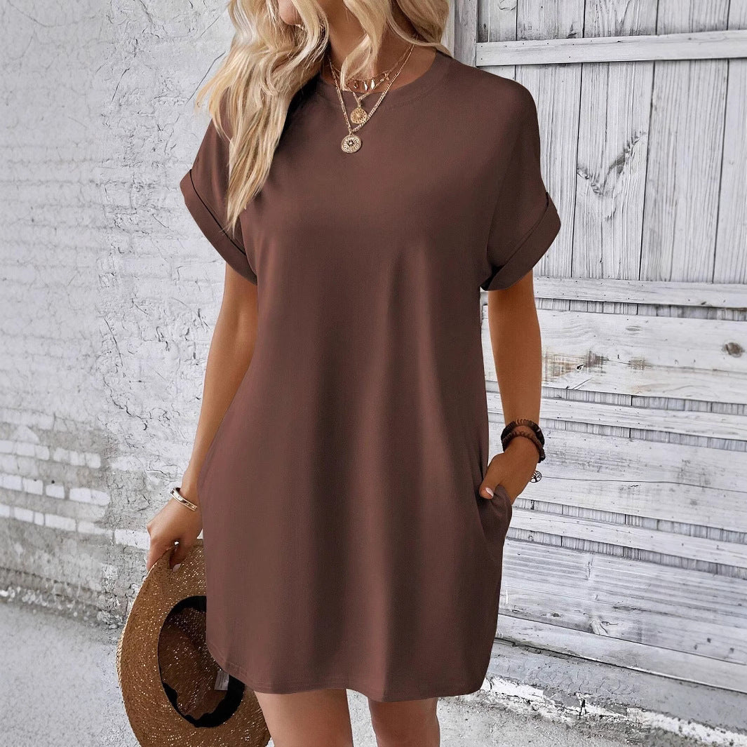 Damen lässiges T-Shirt-Kleid mit praktischen Taschen und Rundhalsausschnitt Fudus
