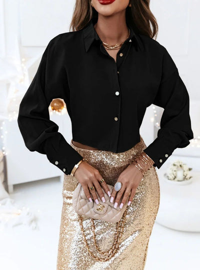 Damen Seidige Bluse mit eleganten Knopfdetails und weit geschnittenen Ärmeln Fudus