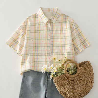 Damen Karierte Kurzarmbluse mit Brusttasche und lockerer Passform Fudus