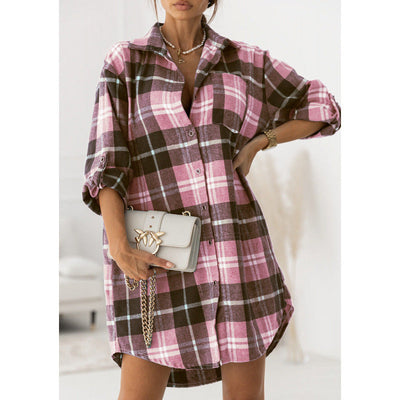 Damen Flanell-Hemdkleid mit Karomuster und langen Ärmeln Fudus