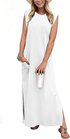 Damen lässiges Maxi-Kleid mit seitlichen Taschen Fudus