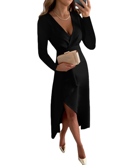 Damen Wickelkleid mit elegantem V-Ausschnitt und fließendem Rock Fudus