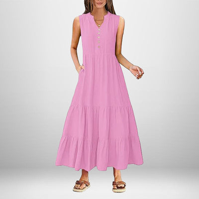 Damen Maxi-Kleid mit knielangen Ärmeln und modischen Knopfdetails Fudus