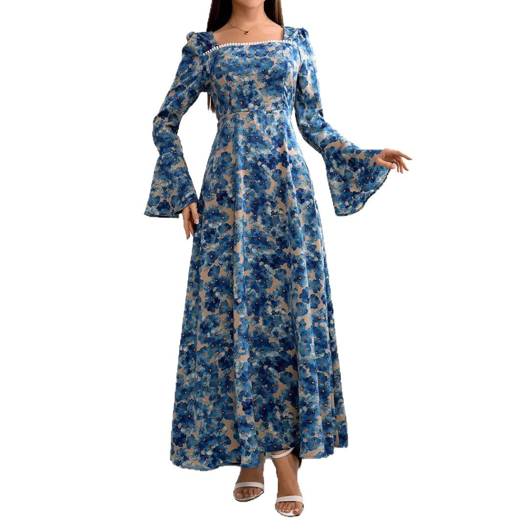 Damen elegantes Maxikleid mit floralen Mustern und voluminösen Ärmeln Fudus
