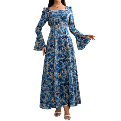Damen elegantes Maxikleid mit floralen Mustern und voluminösen Ärmeln Fudus