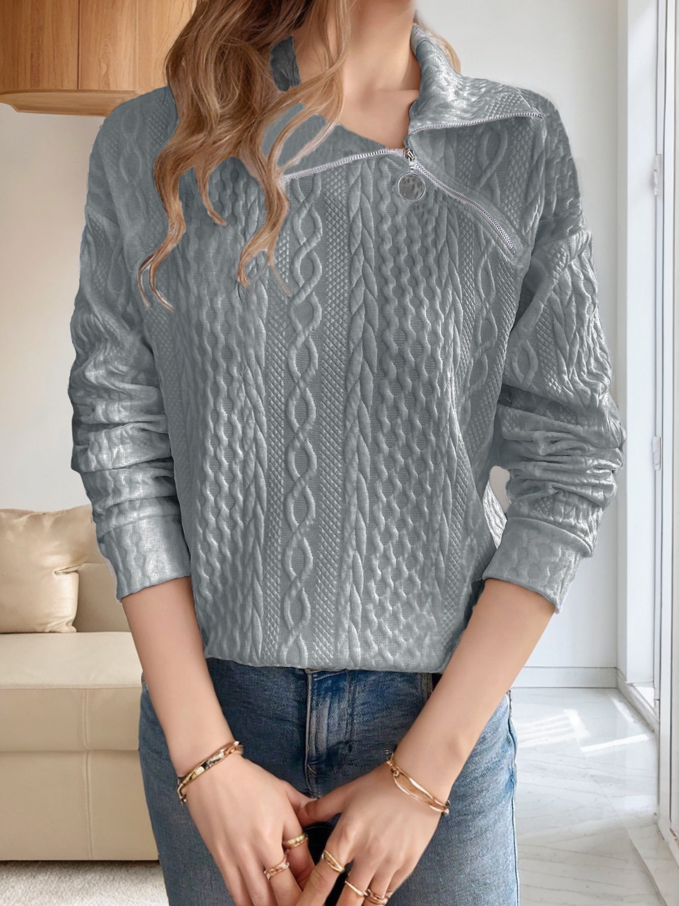 Damen gemütlicher Pullover mit Zipper und Struktur Fudus