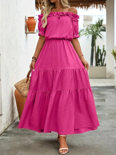 Damen Off-Shoulder Maxikleid mit Rüschendetails und femininem Volant Fudus
