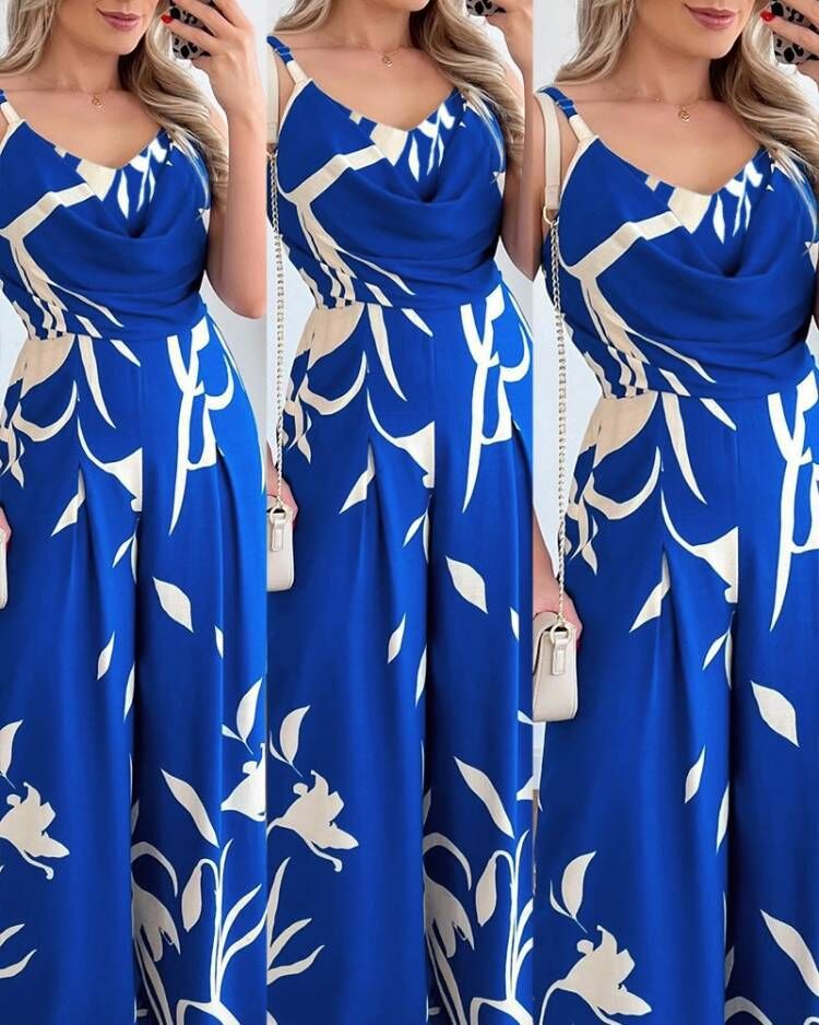 Damen eleganter Jumpsuit mit fließendem Stoff und verspieltem Muster Fudus