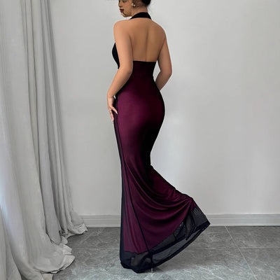 Damen elegantes Maxikleid mit schmeichelndem Rückenausschnitt und fließendem Rock Fudus