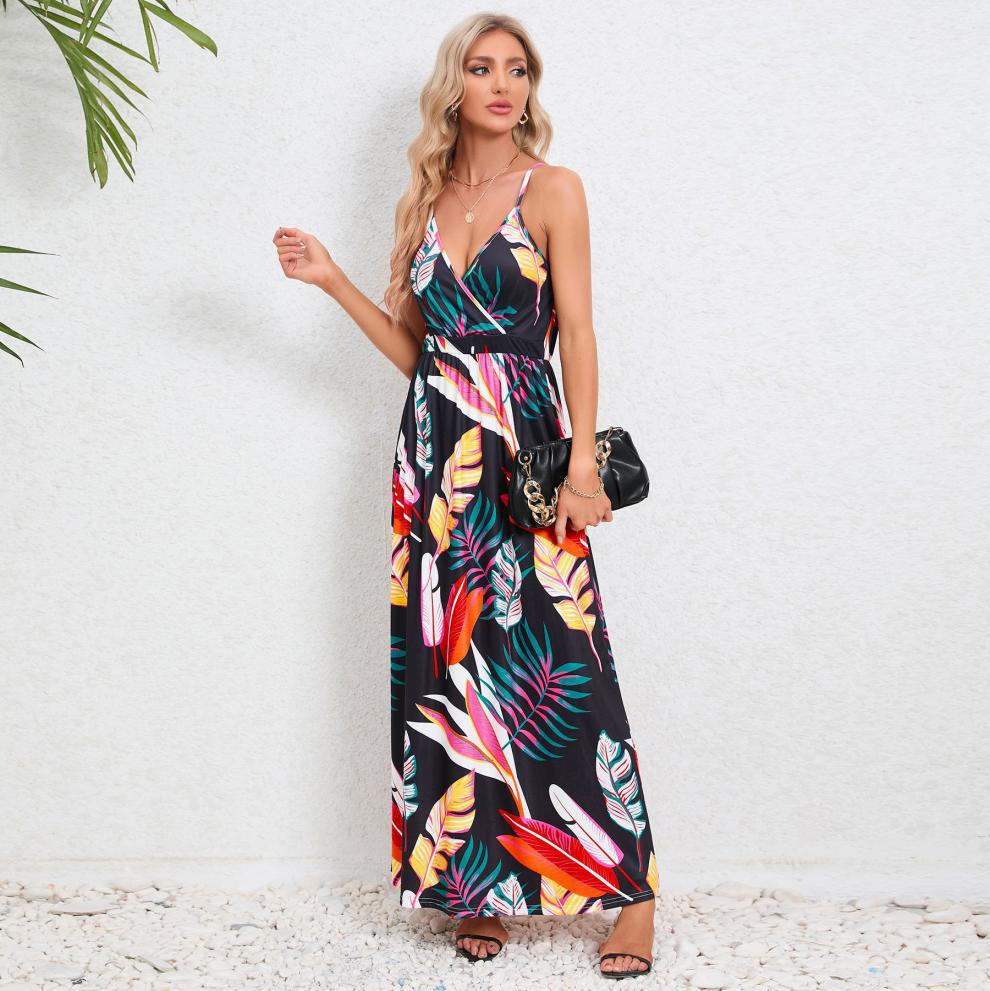 Damen Maxikleid mit zartem V-Ausschnitt und buntem Pflanzenmuster Fudus