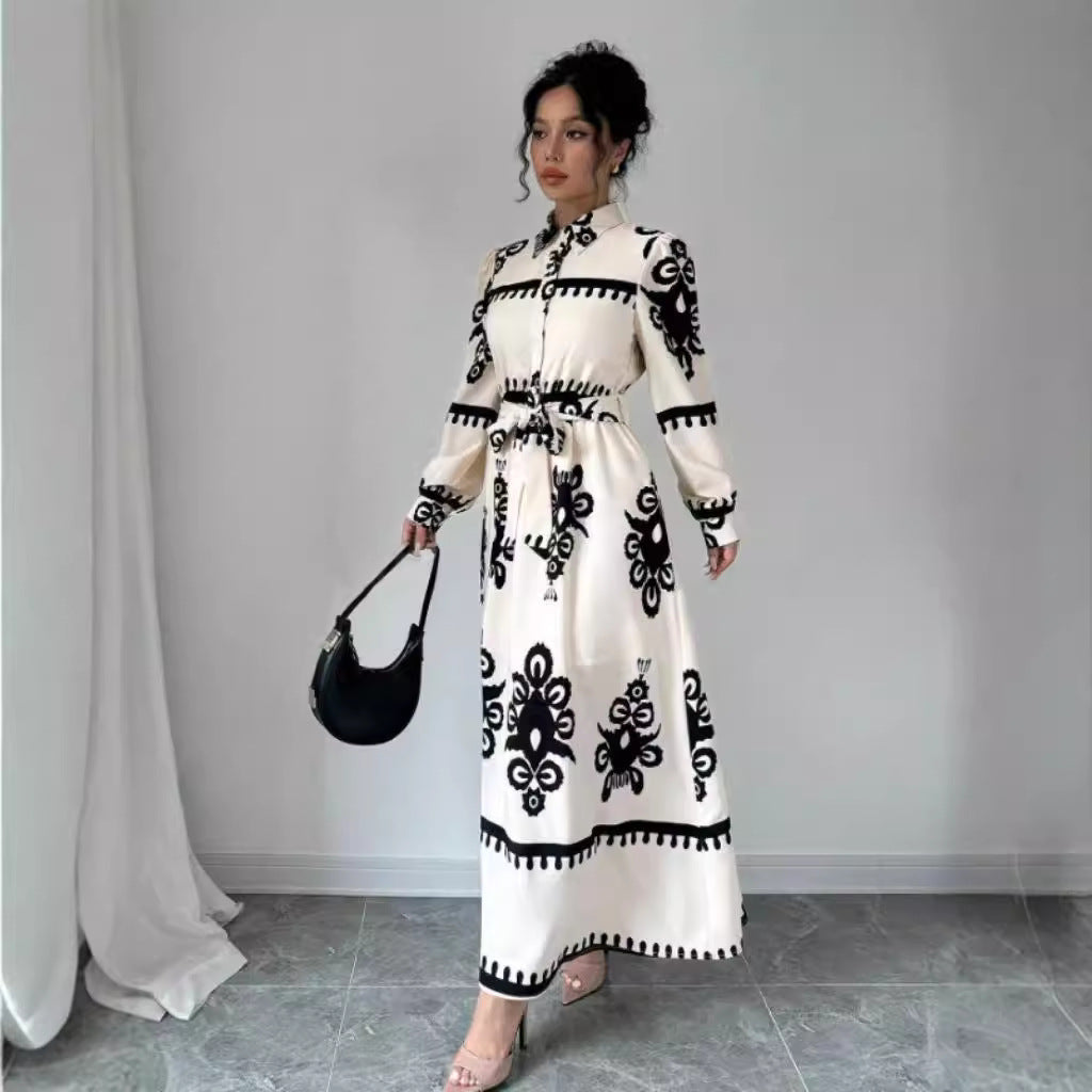 Damen Hemdblusenkleid mit kunstvollem Muster und Taillengürtel Fudus