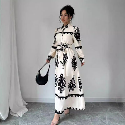 Damen Hemdblusenkleid mit kunstvollem Muster und Taillengürtel Fudus
