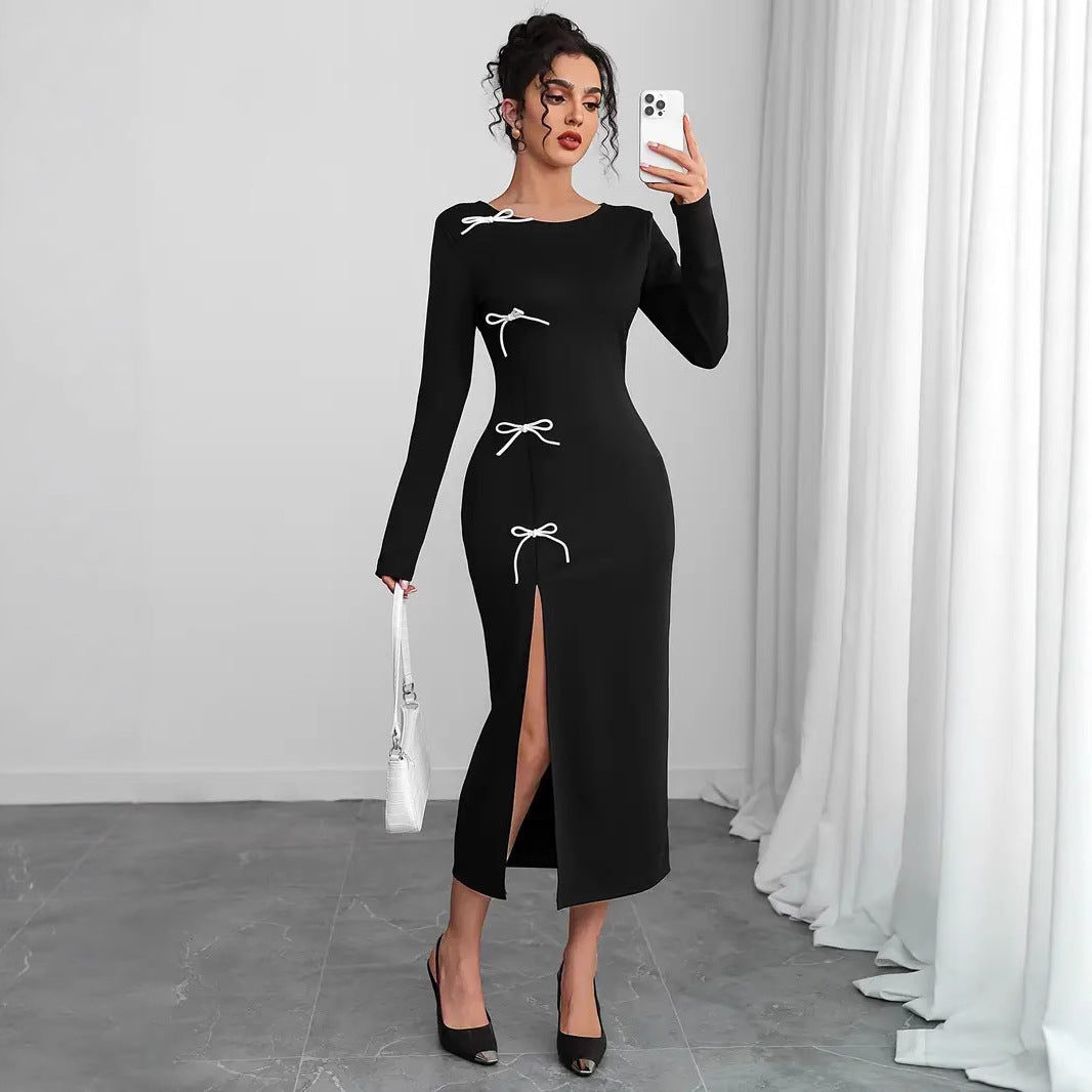 Damen elegantes Maxikleid mit raffinierten Schnürdetails und hohem Schlitz Fudus