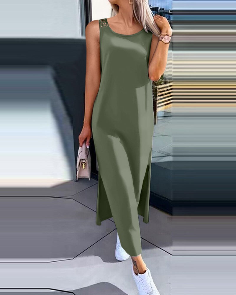 Damen lässiges Longdress mit seitlichen Schlitzen und feinen Spitzenakzenten Fudus