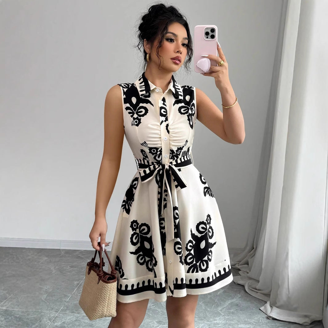 Damen Hemdblusenkleid mit grafischem Muster und Taillengürtel Fudus