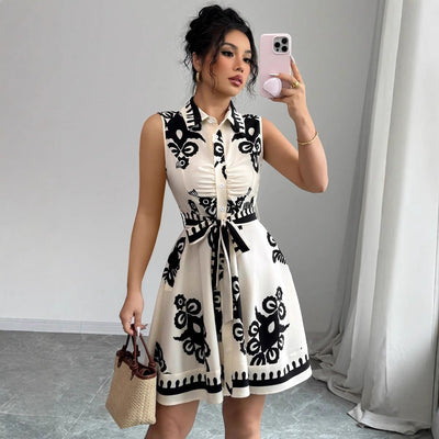 Damen Hemdblusenkleid mit grafischem Muster und Taillengürtel Fudus