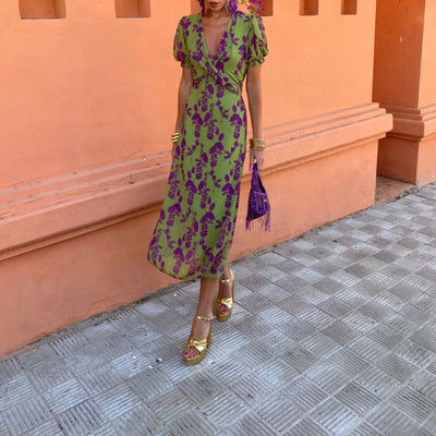 Damen Maxikleid mit tiefem V-Ausschnitt und luftigen Puffärmeln Fudus