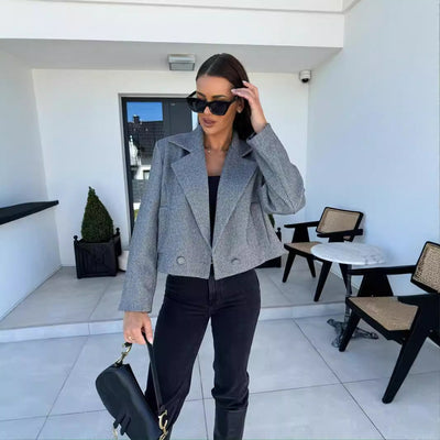 Damen eleganter Cropped Blazer im strukturierten Design mit doppelter Knopfleiste Fudus