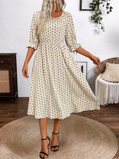 Damen Retro-Dot Kleid mit elastischer Taille und voluminösen Ärmeln Fudus