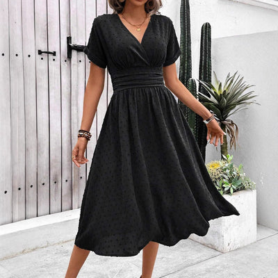 Damen midi Kleid mit gerafftem Oberteil und V-Ausschnitt Fudus