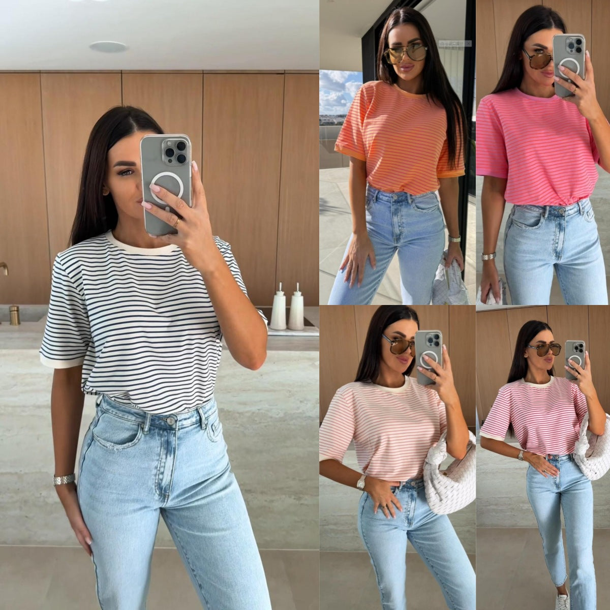 Damen lässiges gestreiftes T-Shirt aus hochwertiger Baumwolle Fudus