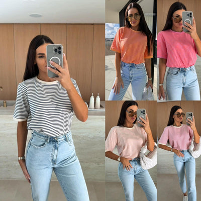 Damen lässiges gestreiftes T-Shirt aus hochwertiger Baumwolle Fudus