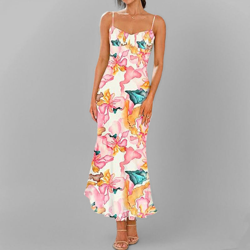 Damen Maxikleid mit feinen Spaghettiträgern und blumigem Design Fudus