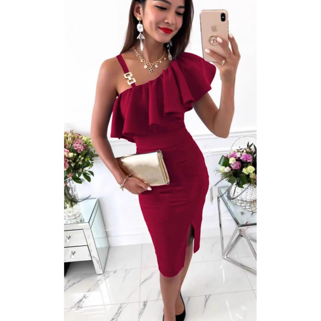 Damen Cocktailkleid mit asymmetrischem Rüschenschnitt Fudus