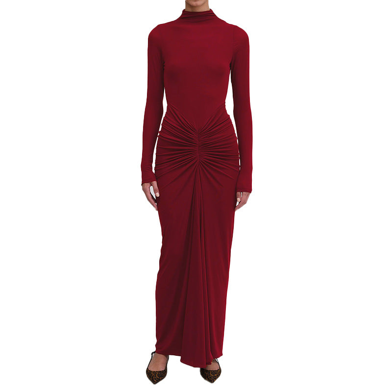 Damen Maxikleid mit elegantem Raffung und klassischem Stehkragen Fudus