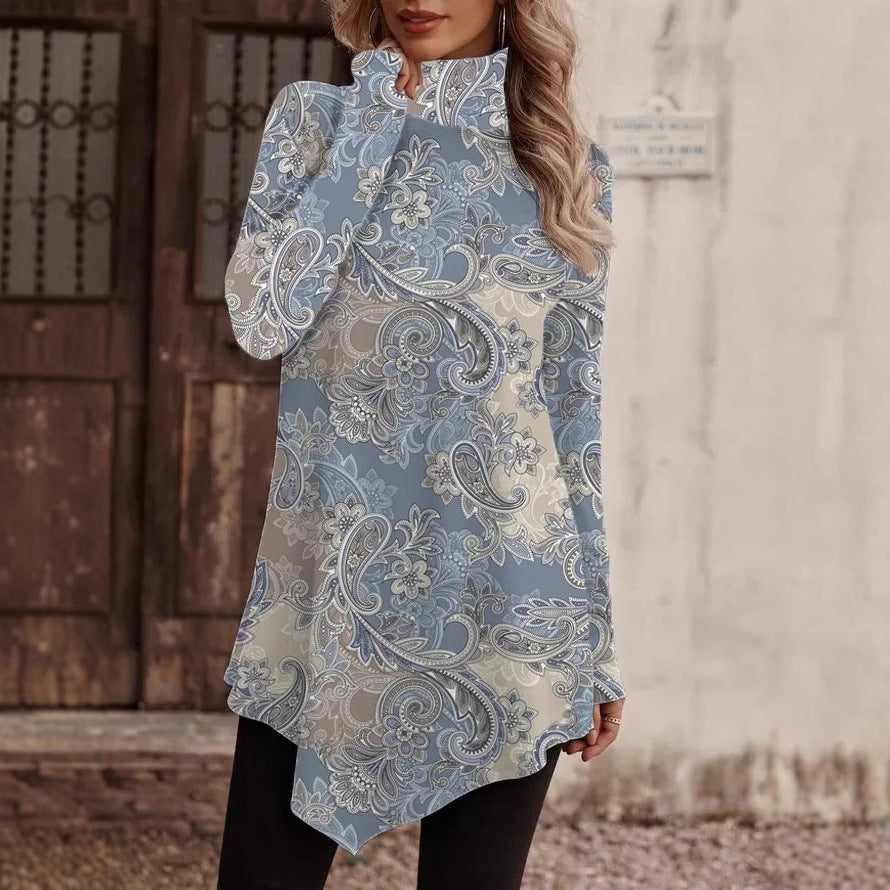Damen Modisches Tunika-Oberteil mit hochgeschlossenem Kragen und floralem Design Fudus