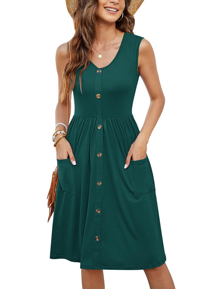 Damen Lässiges Midi-Kleid mit Knopfdetails und praktischen Taschen Fudus