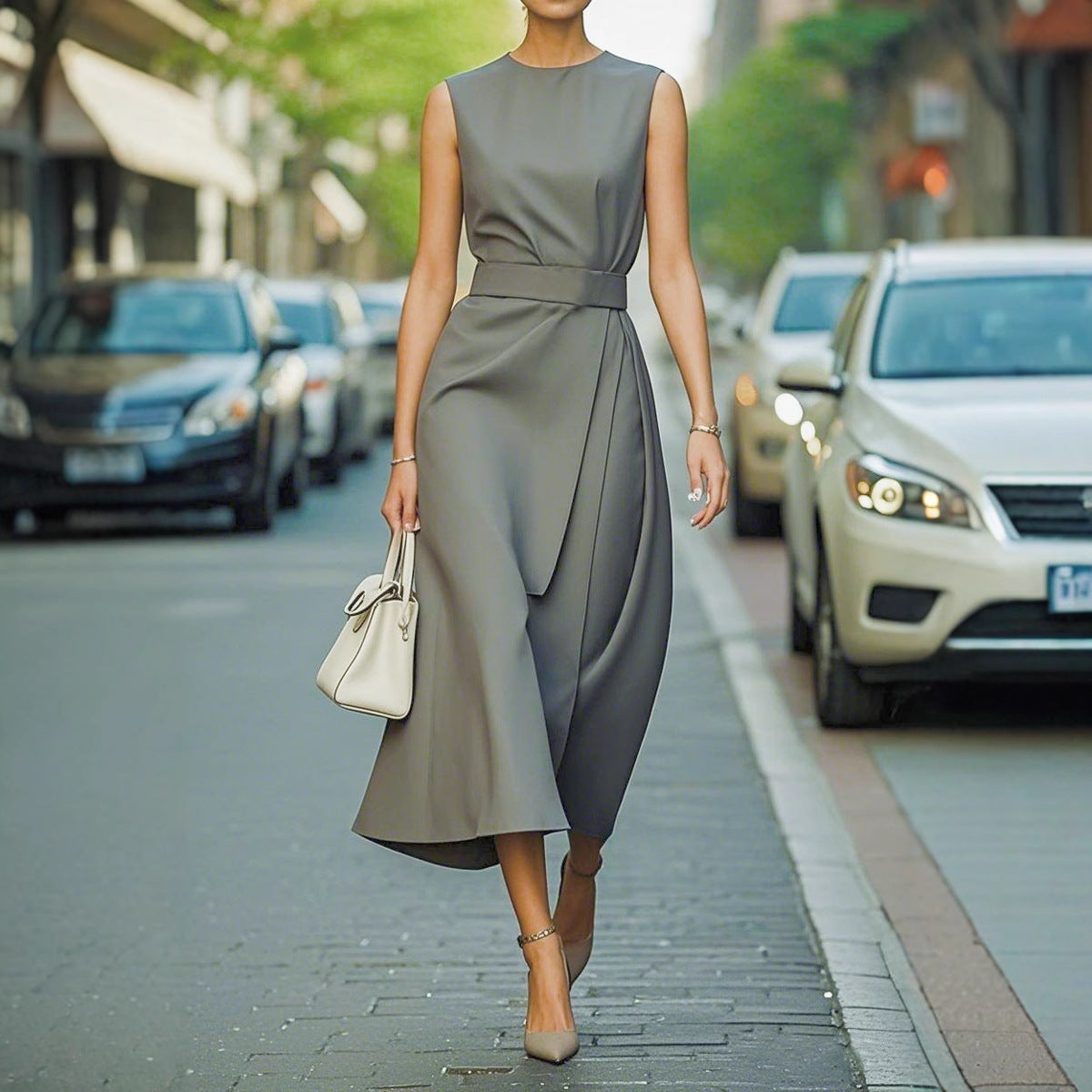 Damen elegantes Maxikleid mit schlanker Silhouette und seitlichem Schlitz Fudus
