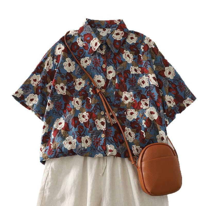 Damen Kurzarmhemd mit floralem Design und bequemer Schnittführung Fudus