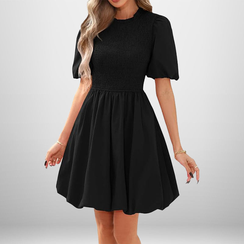 Damen Kurzarm Kleid mit elastischem Oberteil und schwingendem Rock Fudus