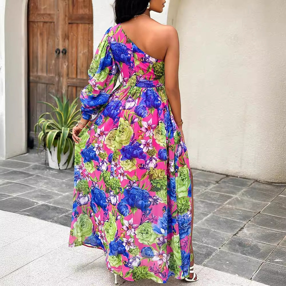 Damen Maxikleid mit asymmetrischem Schnitt und floralem Design Fudus