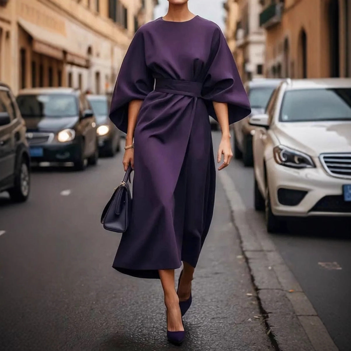 Damen Maxikleid mit voluminösen Ärmeln und schickem Gürtel Fudus