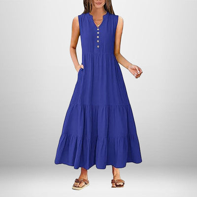 Damen Maxi-Kleid mit knielangen Ärmeln und modischen Knopfdetails Fudus