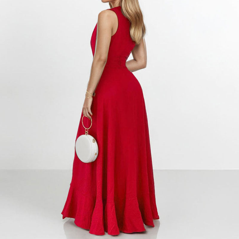 Damen Maxikleid mit voluminösen Rüschendetails und tiefem V-Ausschnitt Fudus