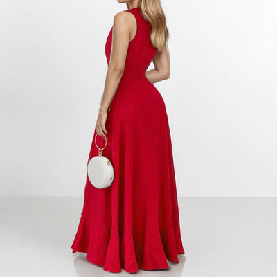 Damen Maxikleid mit voluminösen Rüschendetails und tiefem V-Ausschnitt Fudus