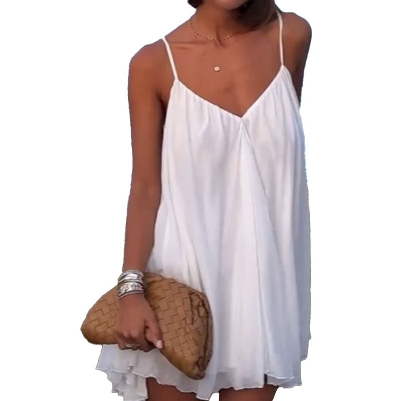 Damen lässiges Sommerkleid mit schwingendem Rock und feinen Trägern Fudus