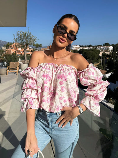 Damen Off-Shoulder Bluse mit Rüschendetails und floralem Muster Fudus