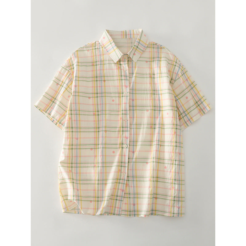 Damen Karierte Kurzarmbluse mit Brusttasche und lockerer Passform Fudus