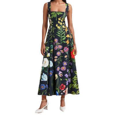 Damen Maxikleid mit quadratischem Ausschnitt und üppigem Blumenmuster Fudus