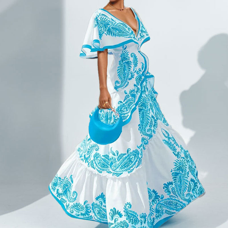 Damen Maxikleid mit voluminösen Ärmeln und detailreicher Stickerei Fudus