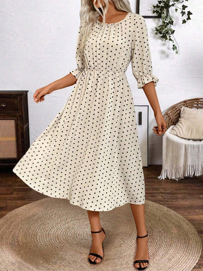 Damen Retro-Dot Kleid mit elastischer Taille und voluminösen Ärmeln Fudus