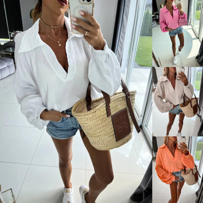 Damen lässige Bluse mit tiefem V-Ausschnitt und voluminösen Ärmeln Fudus