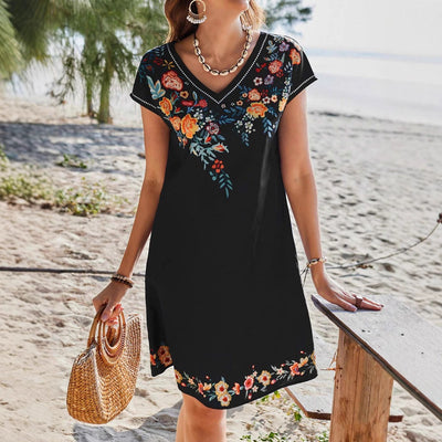 Damen Boho-Kleid mit floralen Stickereien und V-Ausschnitt Fudus