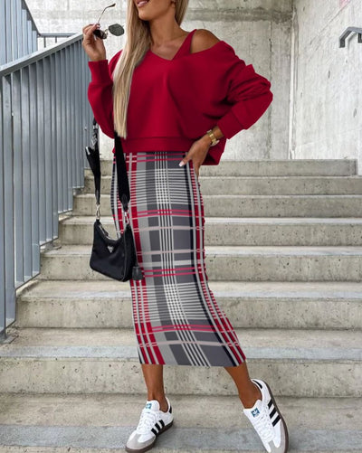 Damen lässiger Pullover mit asymmetrischem Schnitt und eleganter Karo-Midirock Fudus