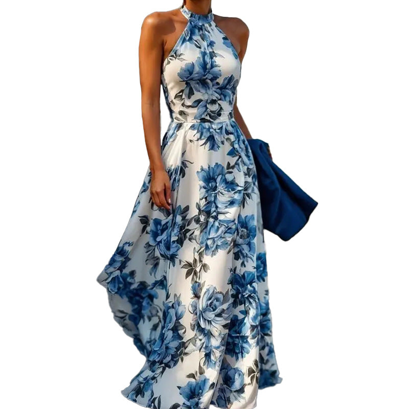 Damen Maxikleid mit floralem Design und schickem Halterkragen Fudus